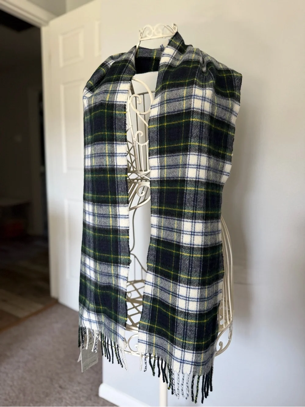 Bronte by Moon Lambswool Plaid Fringe Scarf in Forest Green & White
